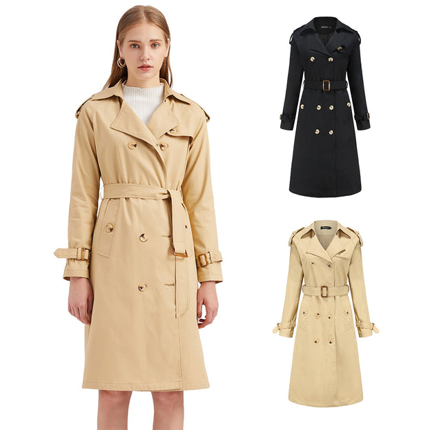 Long Waist Tucked Cotton Fashion Coat Long Sleeve Lapel Trench Coat