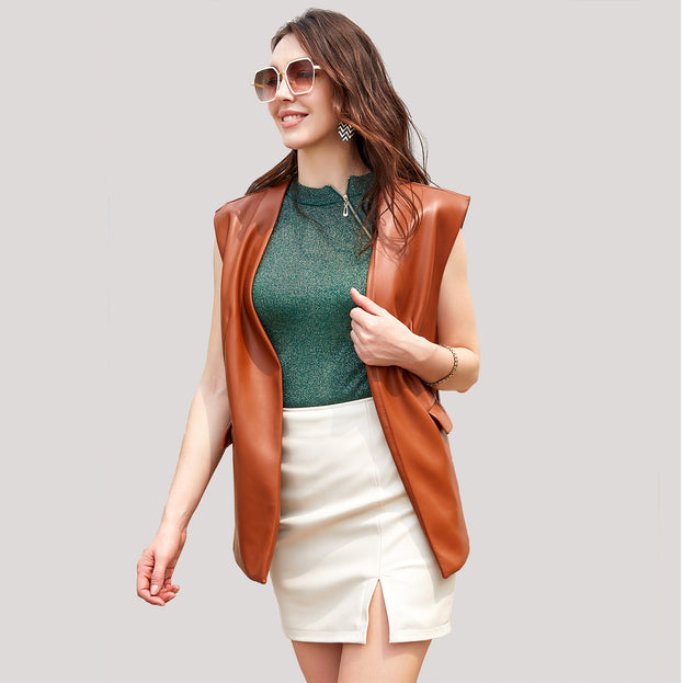 Sleeveless PU Leather Vest Loose Large Size Women's Vest Amazon Cardigan