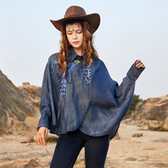 Vintage Heavy Industry Embroidery Loose Lapel Denim Top