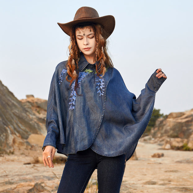 Vintage Heavy Industry Embroidery Loose Lapel Denim Top