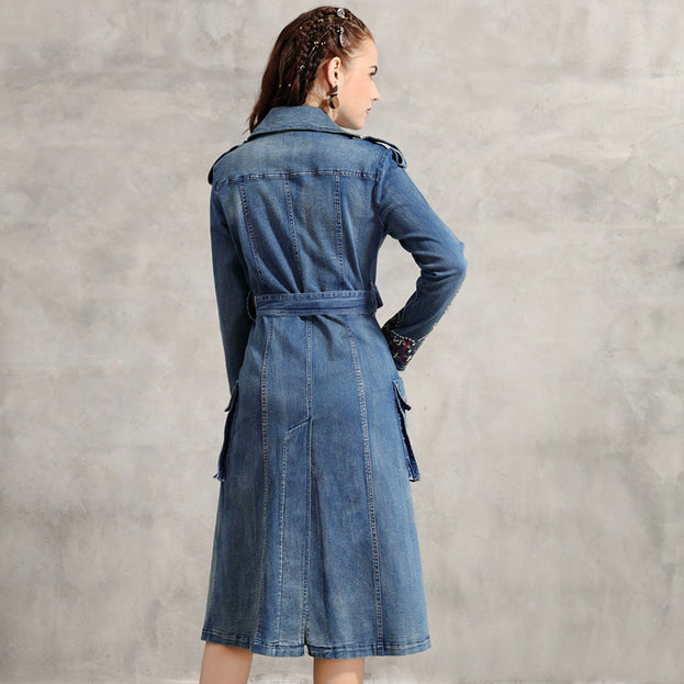Embroidered Lapel Slim Women's Trench Coat Vintage Lapel Belt Fall Denim Coat