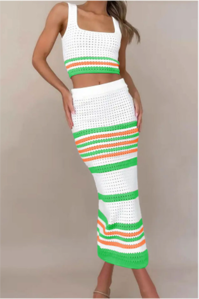 Square Collar Striped Hollow Suit Short Vest Slit Dress