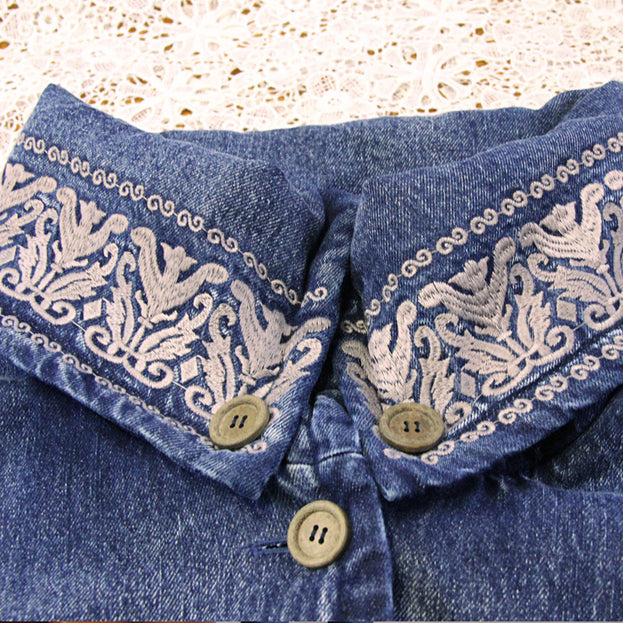 New Stand-Up Collar Denim Trench Coat Women's Vintage Embroidery Loose Mid-Length Coat