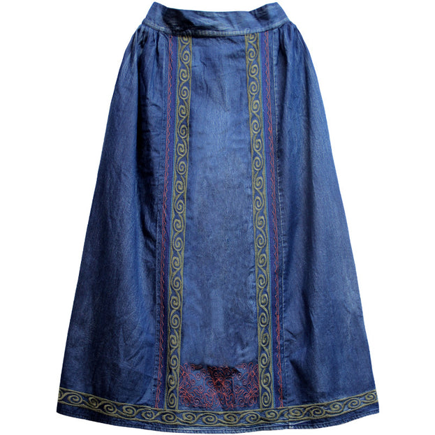 New Heavy Industry Embroidery Denim Long Skirt for Summer