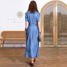 New Retro Waist Slimming Tensilk Jean Maxi French Temperament V-Neck Dress