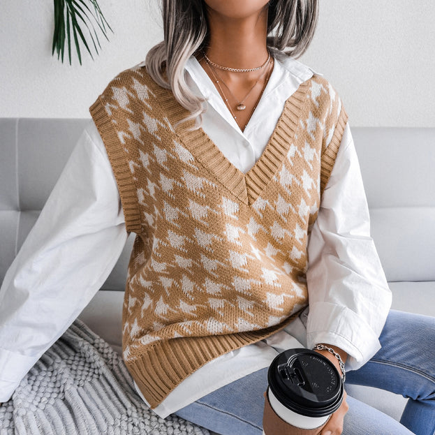 V-Neck Thousand Bird Plaid Casual Loose Knitted Vest Sweater Vest