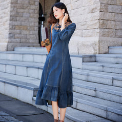 New Fishtail Denim Skirt Embroidery Ethnic Style Handmade Coil Button Dress