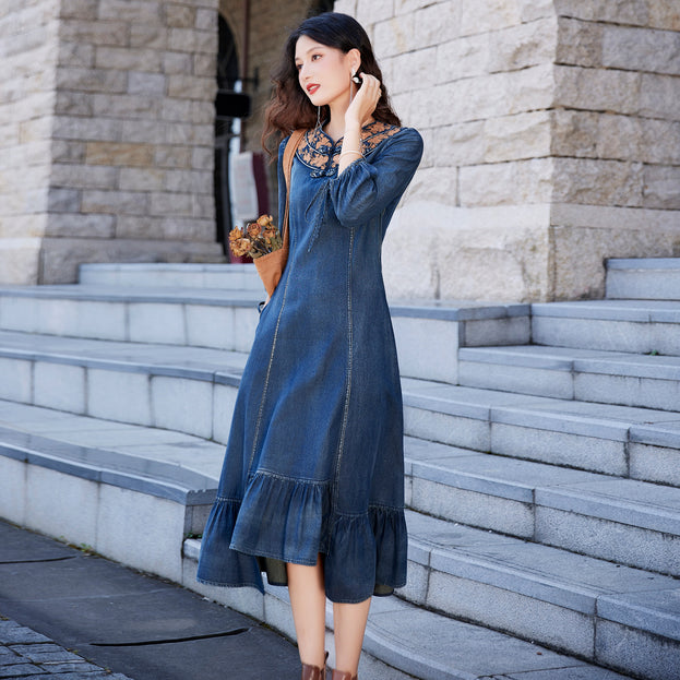 New Fishtail Denim Skirt Embroidery Ethnic Style Handmade Coil Button Dress