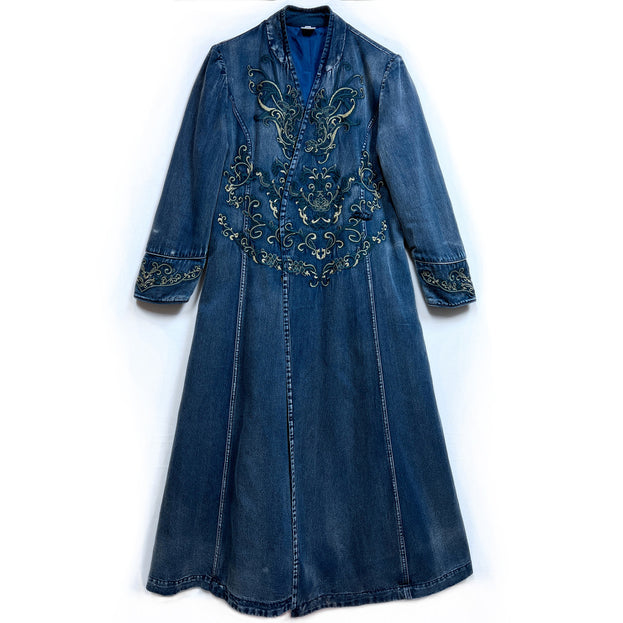 New Denim Maxi Embroidered Long-Sleeved Dress100% Cotton