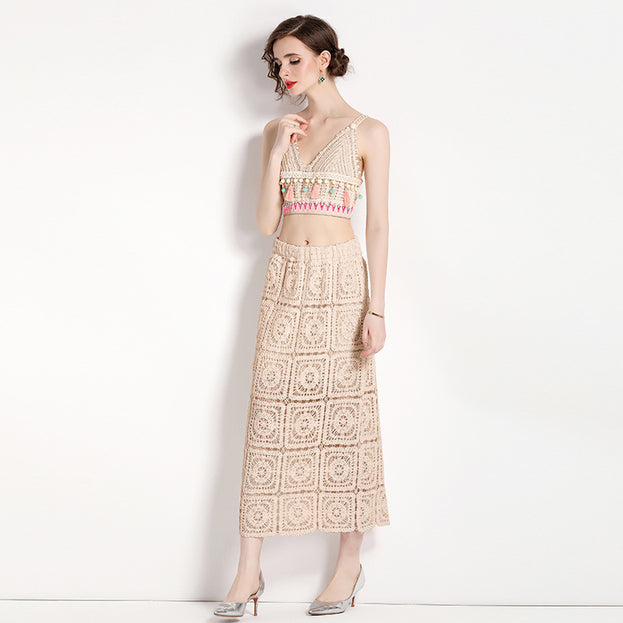 Embroidery Hollowed Out V-Neck Short Style Suspender Top + Bag Hip Half Skirt Two-Piece Suit