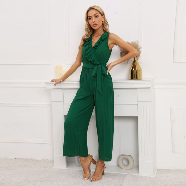 New Sleeveless V-Neck Pleated Pleated Jumpsuit with Lotus Leaf Lace