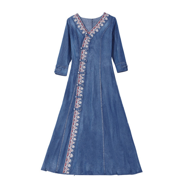 Slim Denim Skirt Vintage Embroidery V-Neck Coil Buckle Mid-Sleeve Dress