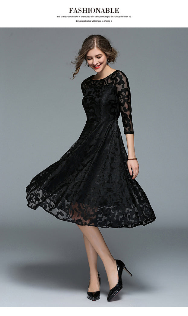 Slim Mid-Length Lace Dress with Large Swing