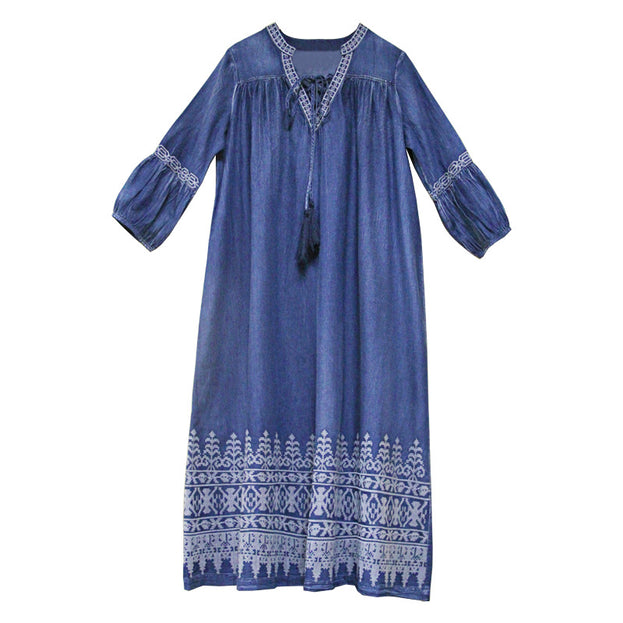 V-Neck Lace-Up Loose A-Line Large Size Temperament Denim Skirt 2023 Spring and Summer Embroidered Mid-Sleeve Vintage Dress