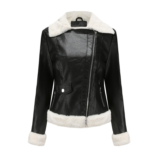 New Plus Fleece Leather Warm Long Sleeve Lapel Coat Commuter Casual Jacket