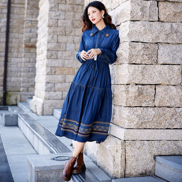 New Vintage Button Drawstring Waist Slimming Dress Heavy Industry Embroidery Denim Skirt