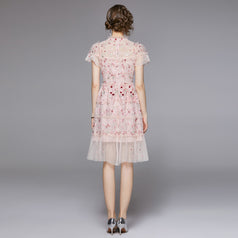 Heavy Sequin Mesh Embroidery Floral Tucked Waist Shaggy Short Princess Dress