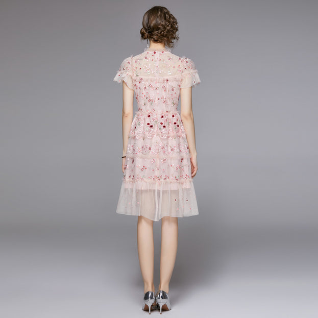 Heavy Sequin Mesh Embroidery Floral Tucked Waist Shaggy Short Princess Dress