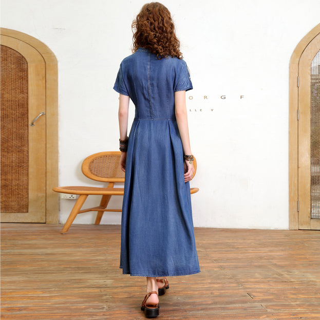 V-Neck Temperament Slimming Cardigan Dress 2023 Summer New Vintage Heavy Industry Embroidered Denim Long Skirt