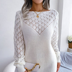 Fashion Hollowed Out Line Neck Long Sleeve Sweater Dress