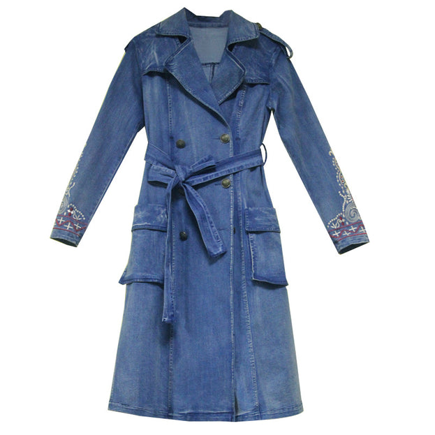 Embroidered Lapel Slim Women's Trench Coat Vintage Lapel Belt Fall Denim Coat