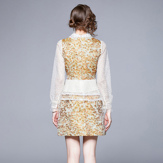 French Retro Palace Long-Sleeved Lace Top + A-Line Short Skirt Two-Piece Set