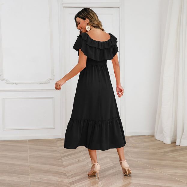 Solid sexy one line neck off shoulder mid length dress