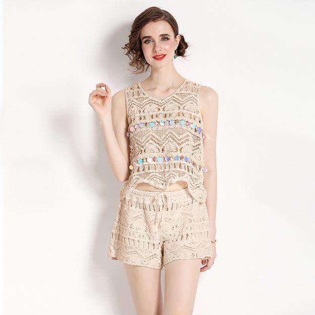 Loose 100 Match Tassel Hook Flower Vest Top + Shorts Two Piece Suit