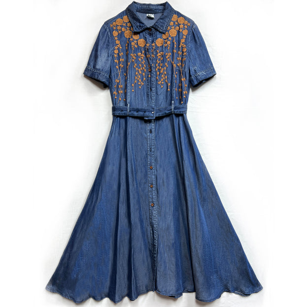 Waist Shrink Slimming Dress 2023 Spring and Summer New Vintage Embroidered Lapel Temperament Denim Long Skirt