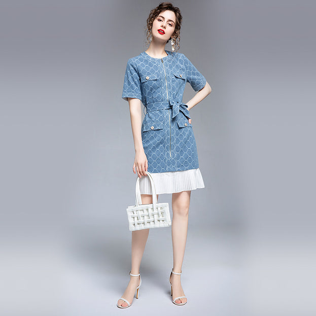 Pleated Lace-Up Waist Slimming Plaid Denim Skirt