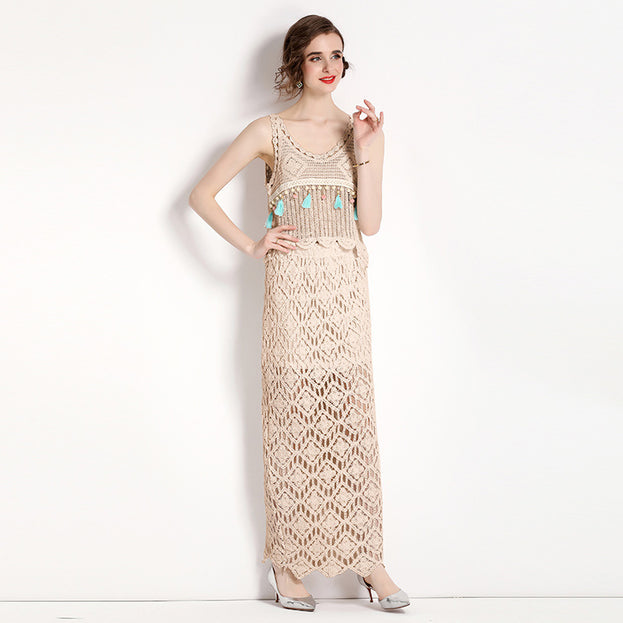 Summer Suspender short style hook flower vest + mid-length skirt two-piece suit
