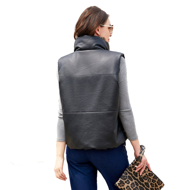Women's Leather Vest Sleeveless Clip Cotton Zipper Cotton Suit Fashion Stand-Up Collar Coat