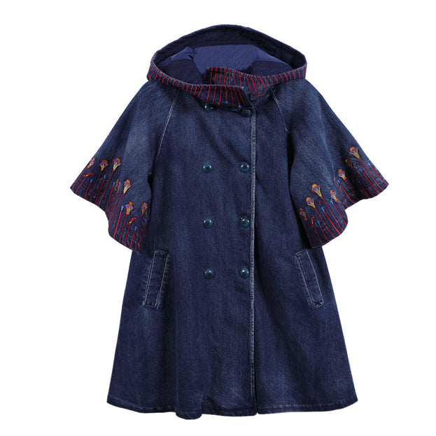 Embroidered Hooded Denim Coat Vintage Loose in a Stylish Doodle