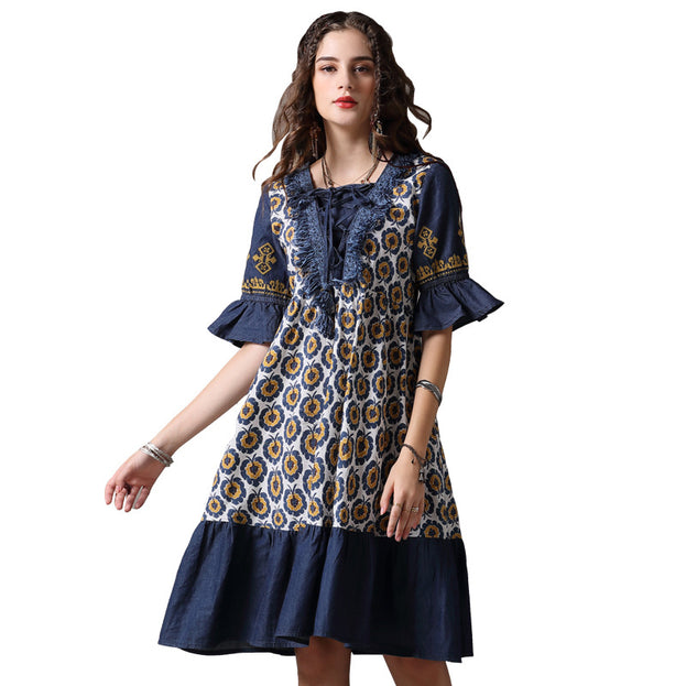 Summer Clothes New Splicing Large Size Mid-Skirt Vintage Printed Dress