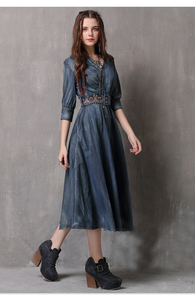 New Vintage Belt Embroidered Slimming Dress Irregular Draw Pleated Lapel Denim Skirt