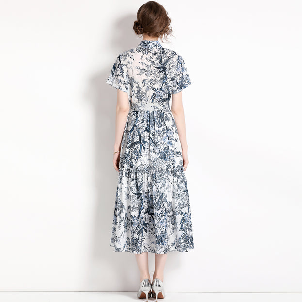 New Women's Slim Mid-Length Printed Short-Sleeved Shirt Dress