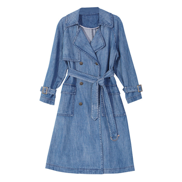 New Large Lapel Long Windbreaker Female Retro Loose Large Size Double-Breasted Denim Coat