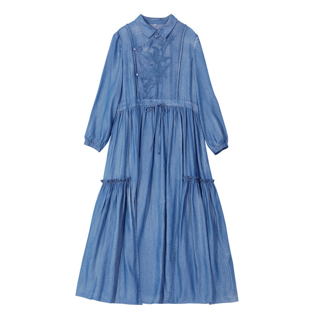 Long Sleeve Big Swing Embroidered Denim Dress