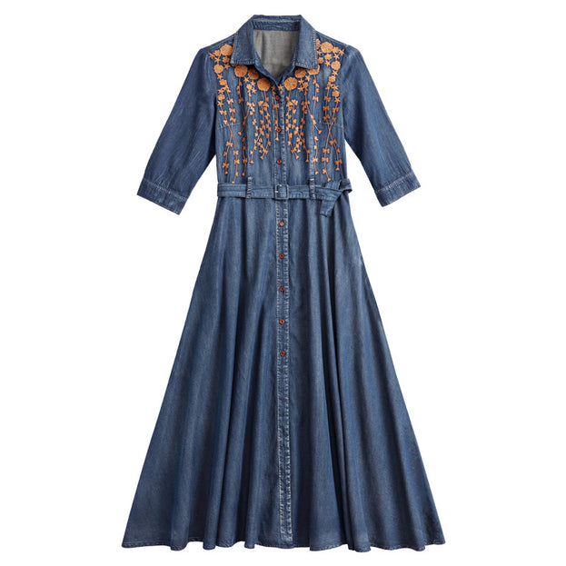 Lapel Temperament Slim Embroidered Denim Maxi Dress 2022 Vintage Mid-Sleeve New Slimming Dress