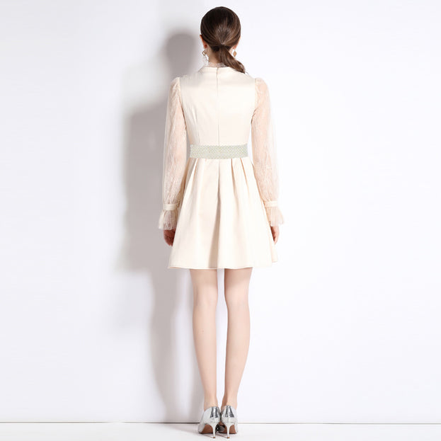 New Temperament Slimming Embroidery Heavy Industry Lace Long-Sleeved Beaded Dress