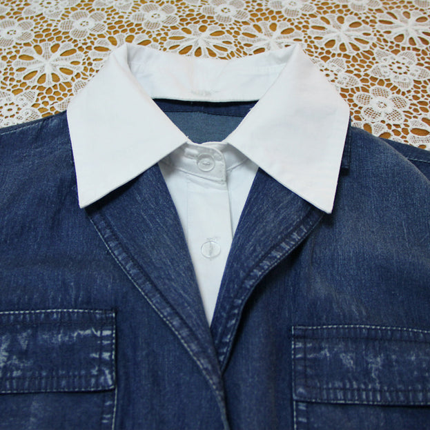 New Suit Neck Denim Dress Retro Temperament Slimming Waist Showing Fake Two Long Dresses