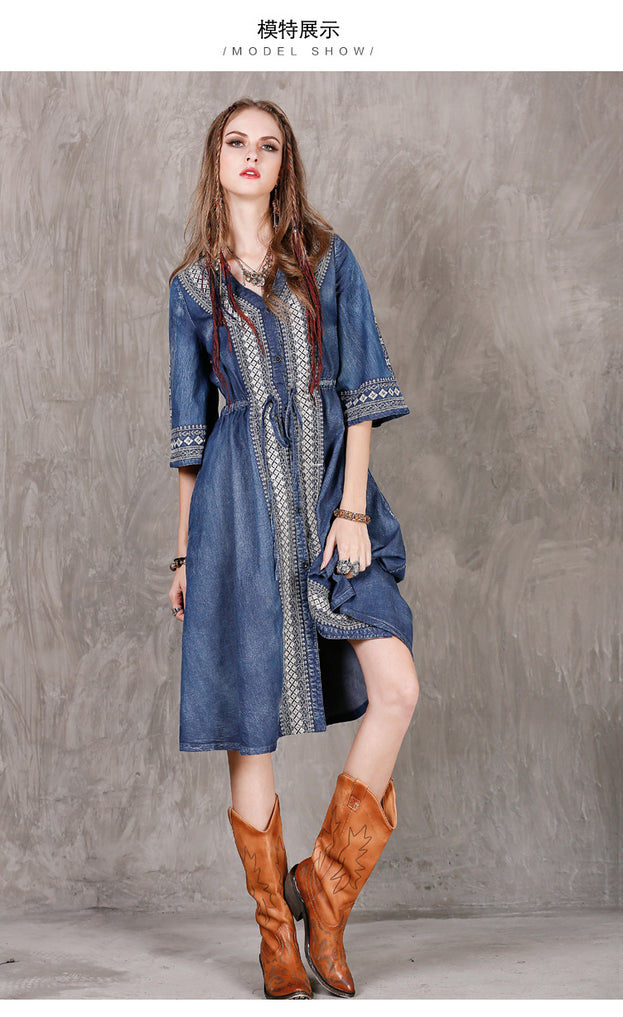 New Large Size Denim Skirt National Style Embroidery Drawstring Casual Dress
