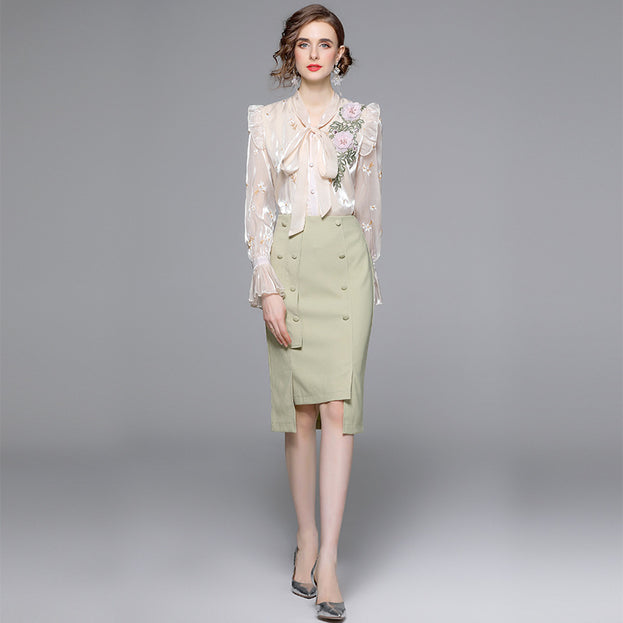 Shirt + Green Fanny Pack Hip Skirt Two-Piece Suit