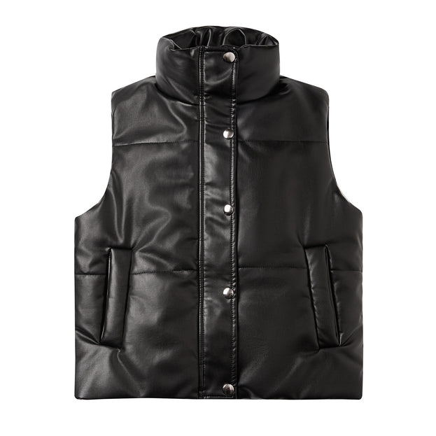 Women's Leather Vest Sleeveless Clip Cotton Zipper Cotton Suit Fashion Stand-Up Collar Coat