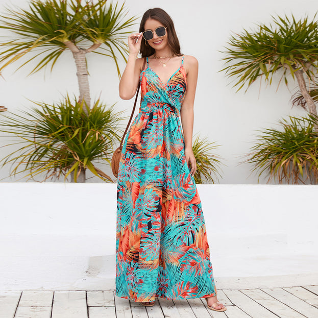 New Boho Print Maxi Skirt Sexy V-Neck Halter Dress