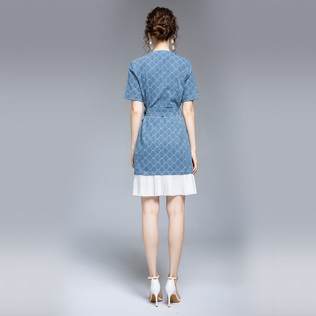 Pleated Lace-Up Waist Slimming Plaid Denim Skirt