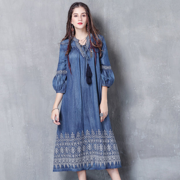V-Neck Lace-Up Loose A-Line Large Size Temperament Denim Skirt 2023 Spring and Summer Embroidered Mid-Sleeve Vintage Dress
