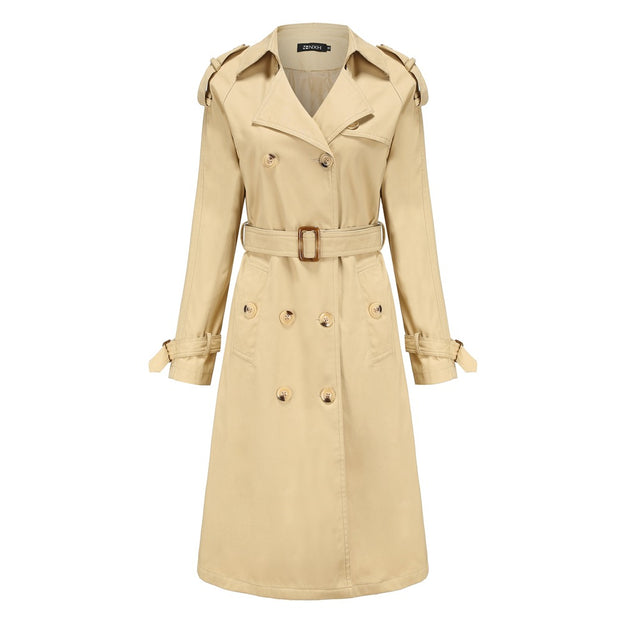 Long Waist Tucked Cotton Fashion Coat Long Sleeve Lapel Trench Coat