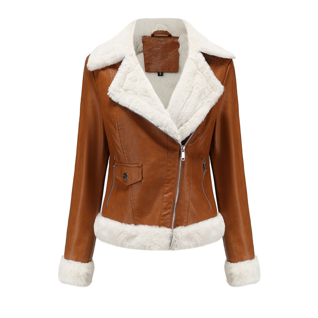 New Plus Fleece Leather Warm Long Sleeve Lapel Coat Commuter Casual Jacket