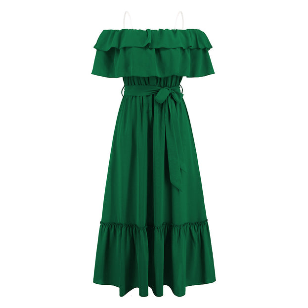 Solid sexy one line neck off shoulder mid length dress